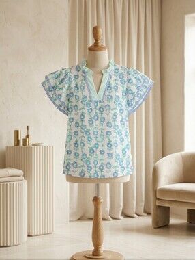 Lovesoft Green Floral Print Patchwork Flutter Sleeve Blouse – Sizes M